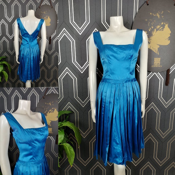 Original 1950's Vivid Blue Duchess Satin Party Dress - Good Condition - Only 35 Pounds!