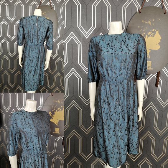 Original Late 1940's Black & Tonic Blue Abstract Print Dress - Good Condition - Only 55 Pounds!