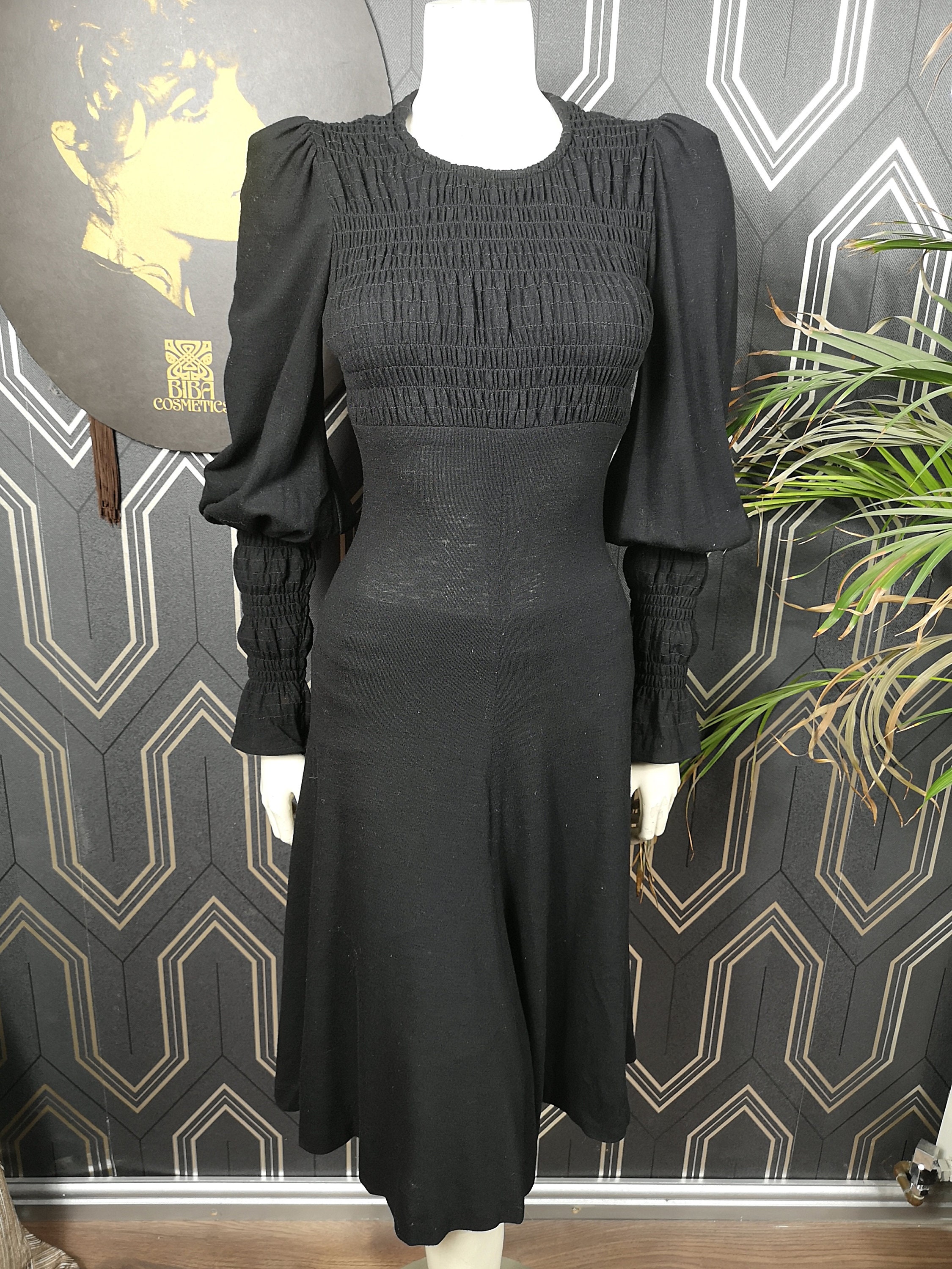 original-1973-biba-black-jersey-cotton-smocked-midi-dress-great