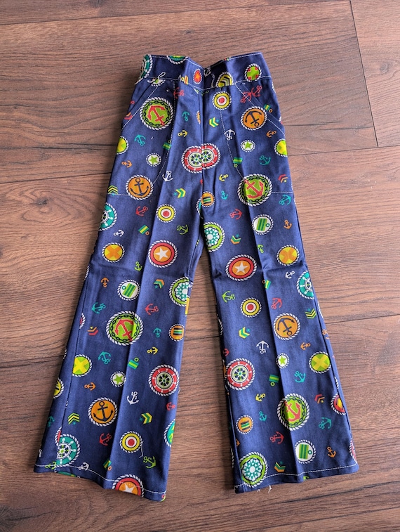 Deadstock 1970's Cuckoo Cotton Denim Sailor Anchor Design Novelty Print Trousers / Bell Bottoms Size 22
