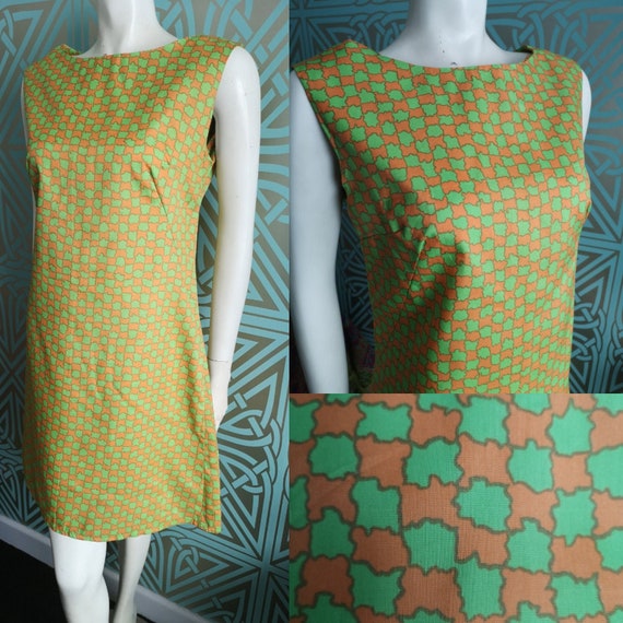 SALE - Original 1960's Green & Orange Print Mini Dress - Great Condition - WAS 85 NOW 45 Pounds!