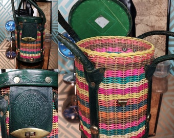 Original Vintage 1950's Round Rainbow Weave Wicker Drum Box Handbag - Good Condition - Only 85 Pounds!