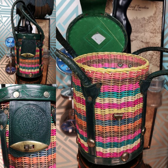 Original Vintage 1950's Round Rainbow Weave Wicker Drum Box Handbag - Good Condition - Only 85 Pounds!