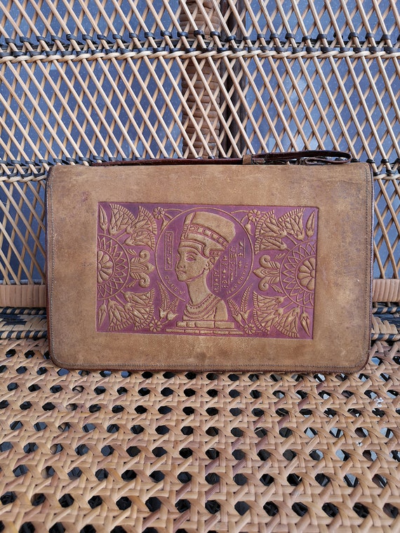 Original 1920's Egyptian Revival Large Leather Work Clutch Handbag - Good Condition - Only 85 Pounds!