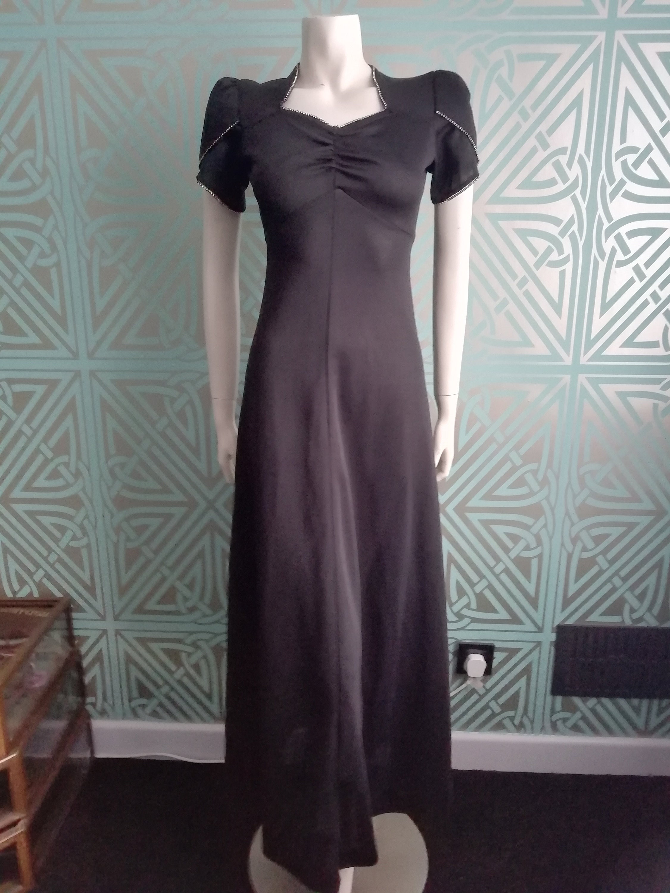 SALE** 1970's Biba Style Black Maxi Diamante Trim Dress Good