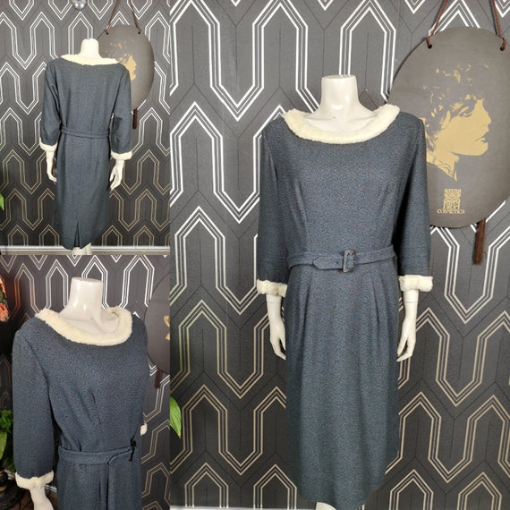 Original 1950's Steel Blue Grey Wool & Rabbit Fur Couture Cut Wiggle Dress - Good Condition - Only 65 Pounds!