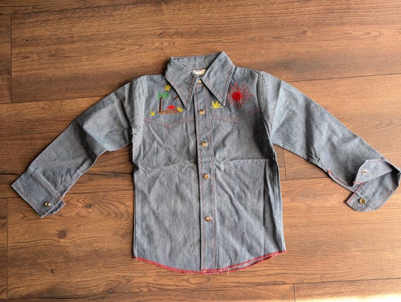 Deadstock 1970's Cuckoo Cotton Denim Shirt Embroidery Design Size 8/9 Chest 29"