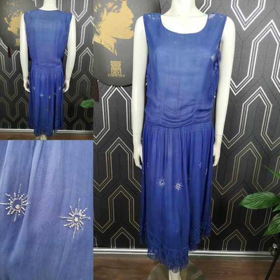 Original 1920's Blue Silk Georgette Beaded Flapper Dress - Poor Condition - Only 55 Pounds!