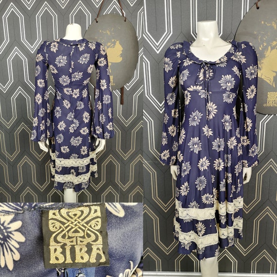 Original 1969 Biba Navy Blue & White Floral Dress - Good Condition - Only 295 Pounds!