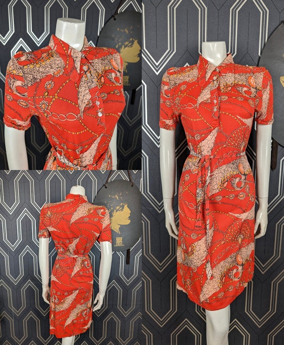 Original 1960's Red & Gold Oriental Design T-shirt Midi Dress - Good Condition - Only 25 Pounds!