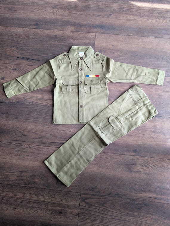 Deadstock 1970's Cuckoo Cotton Two Piece Children's Army / Military Style Shirt & Trousers Size 6 / 23" Waist