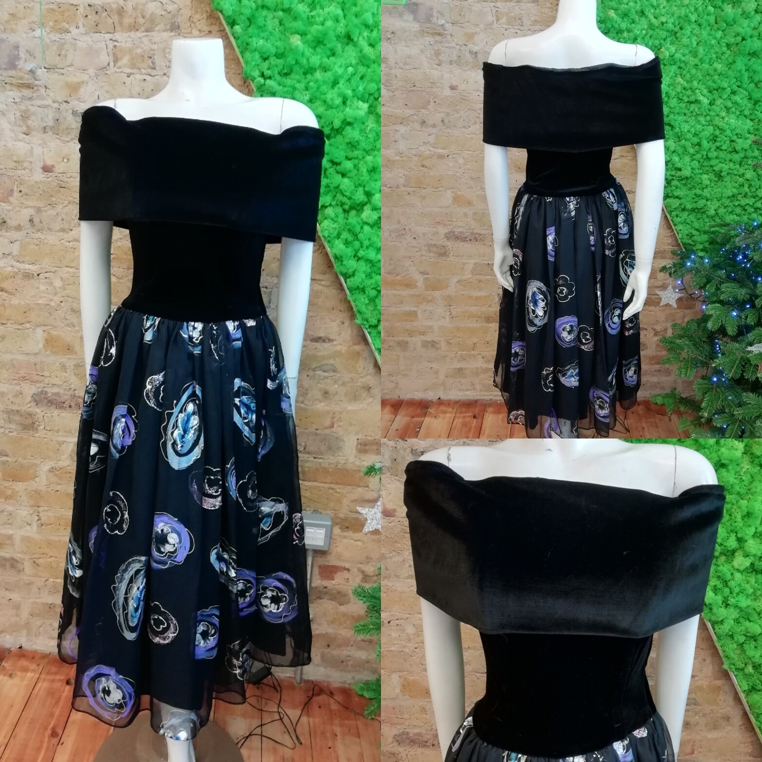 Image of Sale - Original 's Does 's Black Velvet Hand Painted Floral Print Circle Skirt Dress Good Condition Was  Now  Pounds