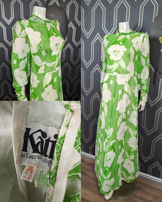 Original 1970's Green Floral Chiffon Katie Laura Phillips Maxi dress - Good Condition - Only 45 Pounds!
