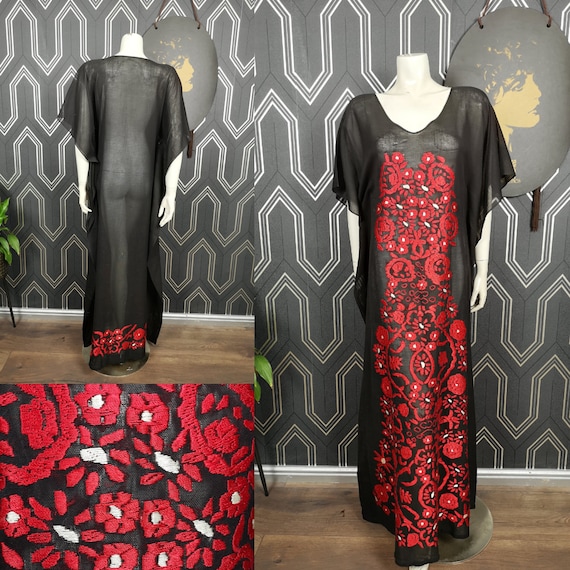 Rare Original 1970's Red Rose Floral Embroidered Kaftan Gown - Great Condition - Only 85 Pounds!