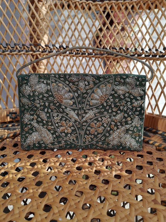 Original 1940's/50's Deep Emerald Green Cotton Velvet & Gold Silver Metal Thread Work Clutch Handbag - Good Condition - Only 25 Pounds!