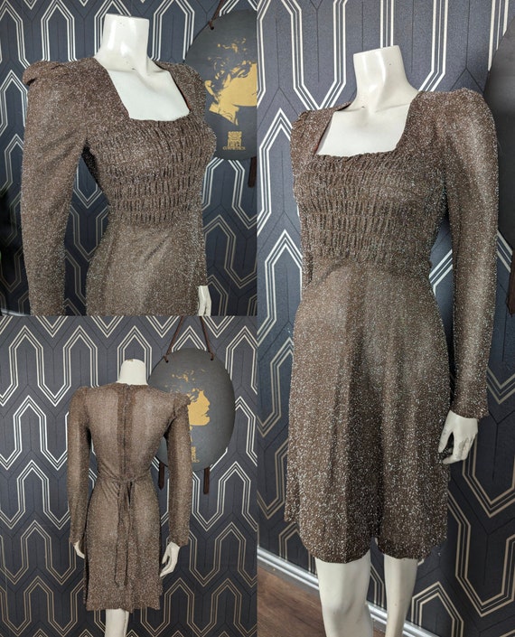 Original 1960's Brown & Gold Lurex Flex Midi Dress - Good Condition - Only 45 Pounds!