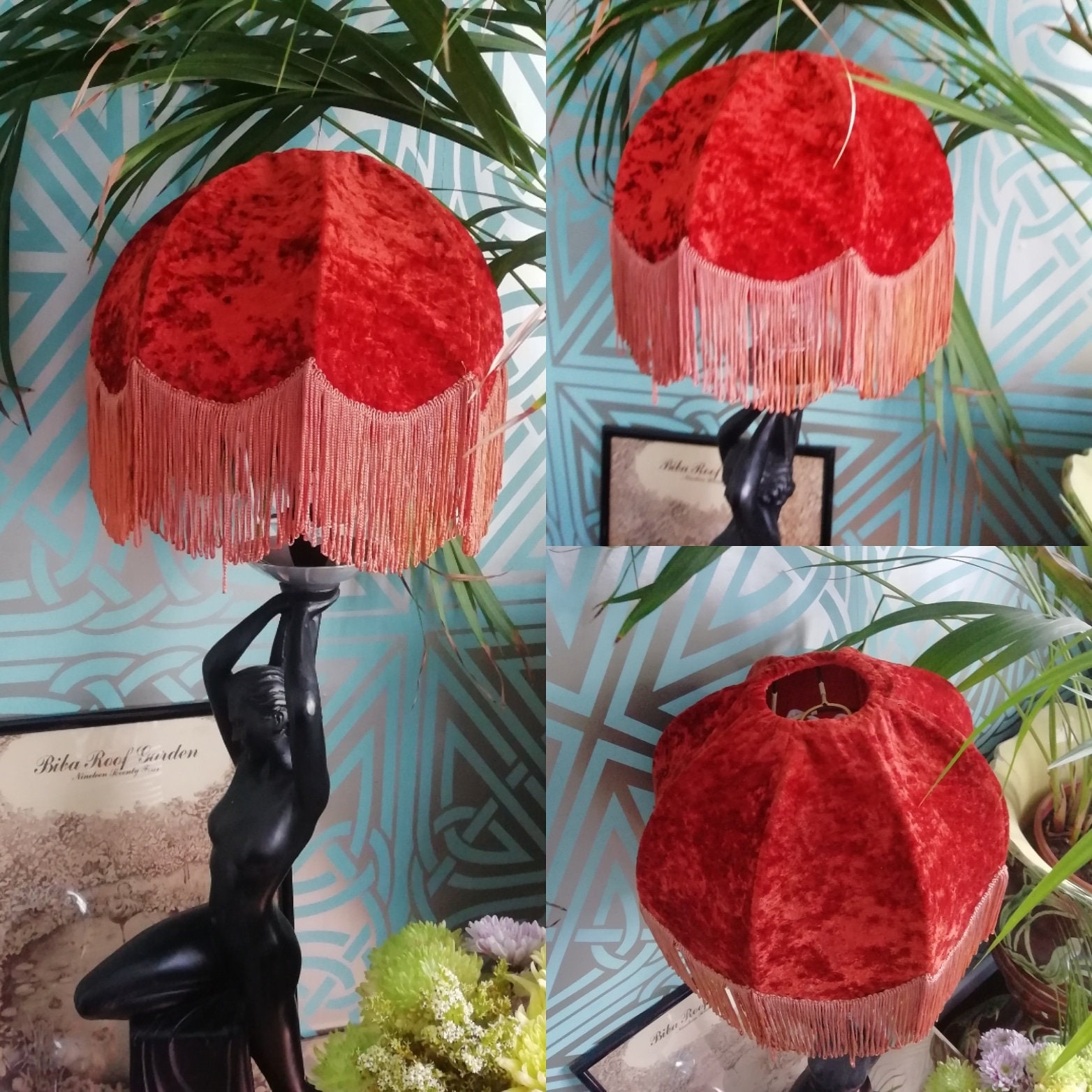Original 1970s Biba Small Rust Red Long Fringe Cotton Velvet Lampshade
