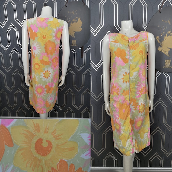 Original 1960's Pink Yellow Daisy Print Midi Shift Dress - Good Condition - Only 45 Pounds!