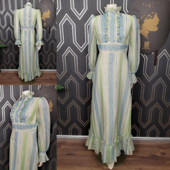 Original 1970's High Neck Chiffon Sleeves Prairie Maxi Dress - Good Condition - Only 45 Pounds!