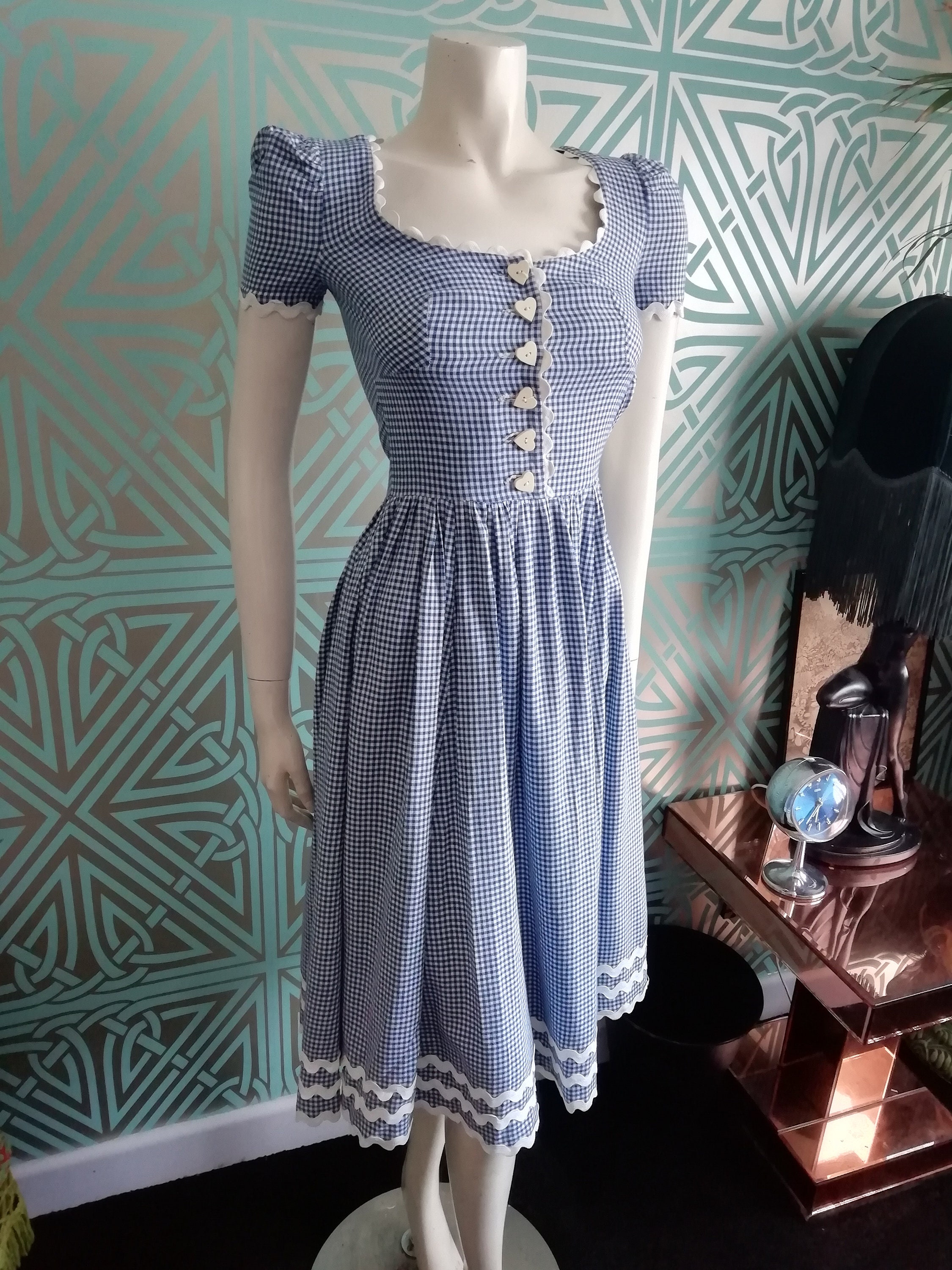 1970 Original Biba Blue Gingham RicRac Dress Good Condition Only 245 Pounds!
