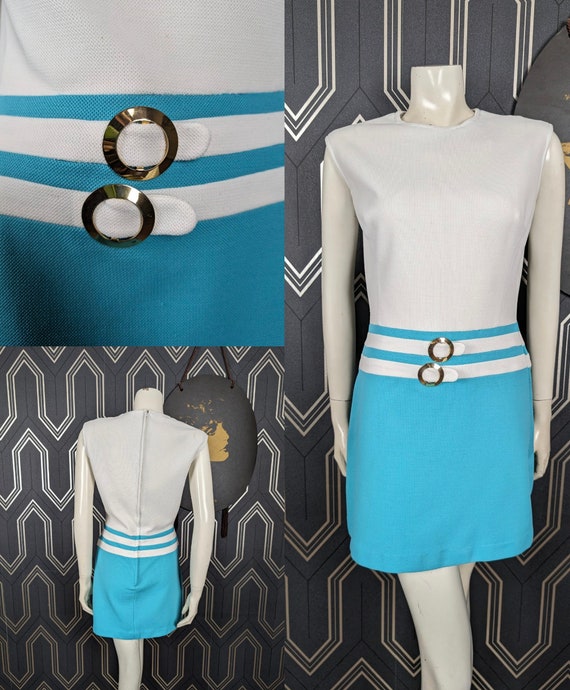 Original 1960's Blue & White Space Age Crimplene Micro Mini Dress - Fair Condition - Only 35 Pounds!