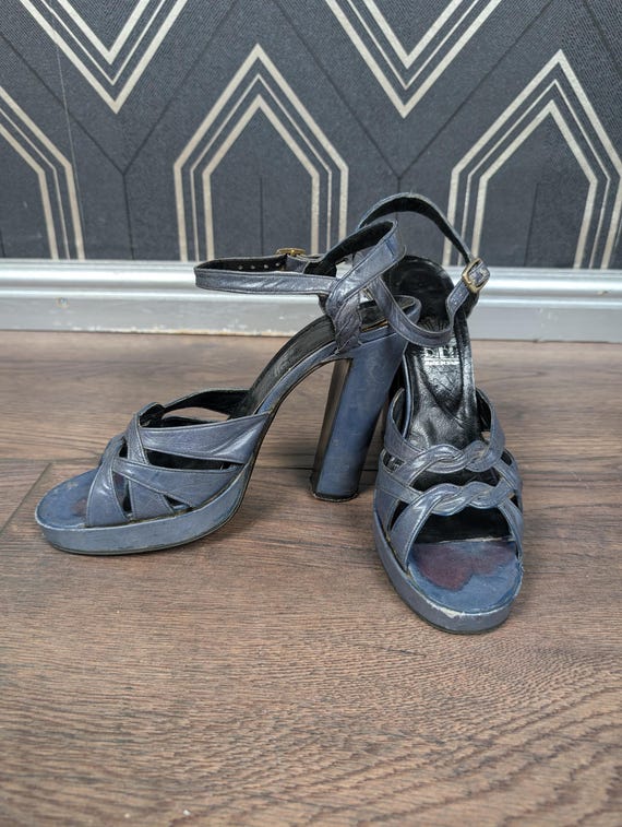 Original 1973 Biba Deep Blue Leather Platform Shoes - Good Condition - Only 175 Pounds!