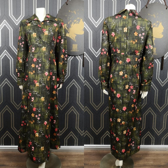 Original 1970's Volup Green Floral Print Biba Style Maxi dress - Great Condition - Only 55 Pounds!