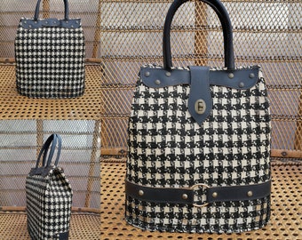 Original 1950's Extra Large Black & White Dogtooth Weave Box Bag - Fair Condition - Only 65 Pounds!