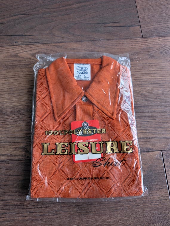 Deadstock 1970's Cuckoo Deep Orange / Brown Summer Polyester Waffle Shirts ( Age 2 )