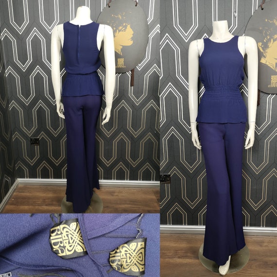 Original 1974 Biba Deep Blue Moss Crepe Viscose Top & Trousers Pant Suit Set - Good Condition - Only 295 Pounds!
