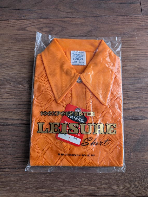 Deadstock 1970's Cuckoo Boys Bright Orange Summer Polyester Waffle Shirts ( Age 6 )