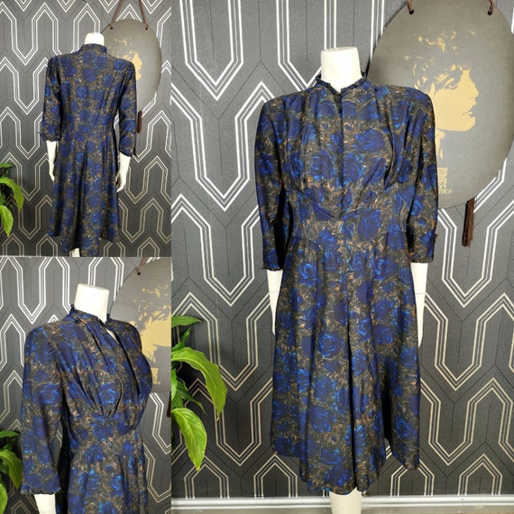 Original 1940's Electric Blue Rose Print Plus Size Cotton Dress - Good Condition - Only 55 Pounds!