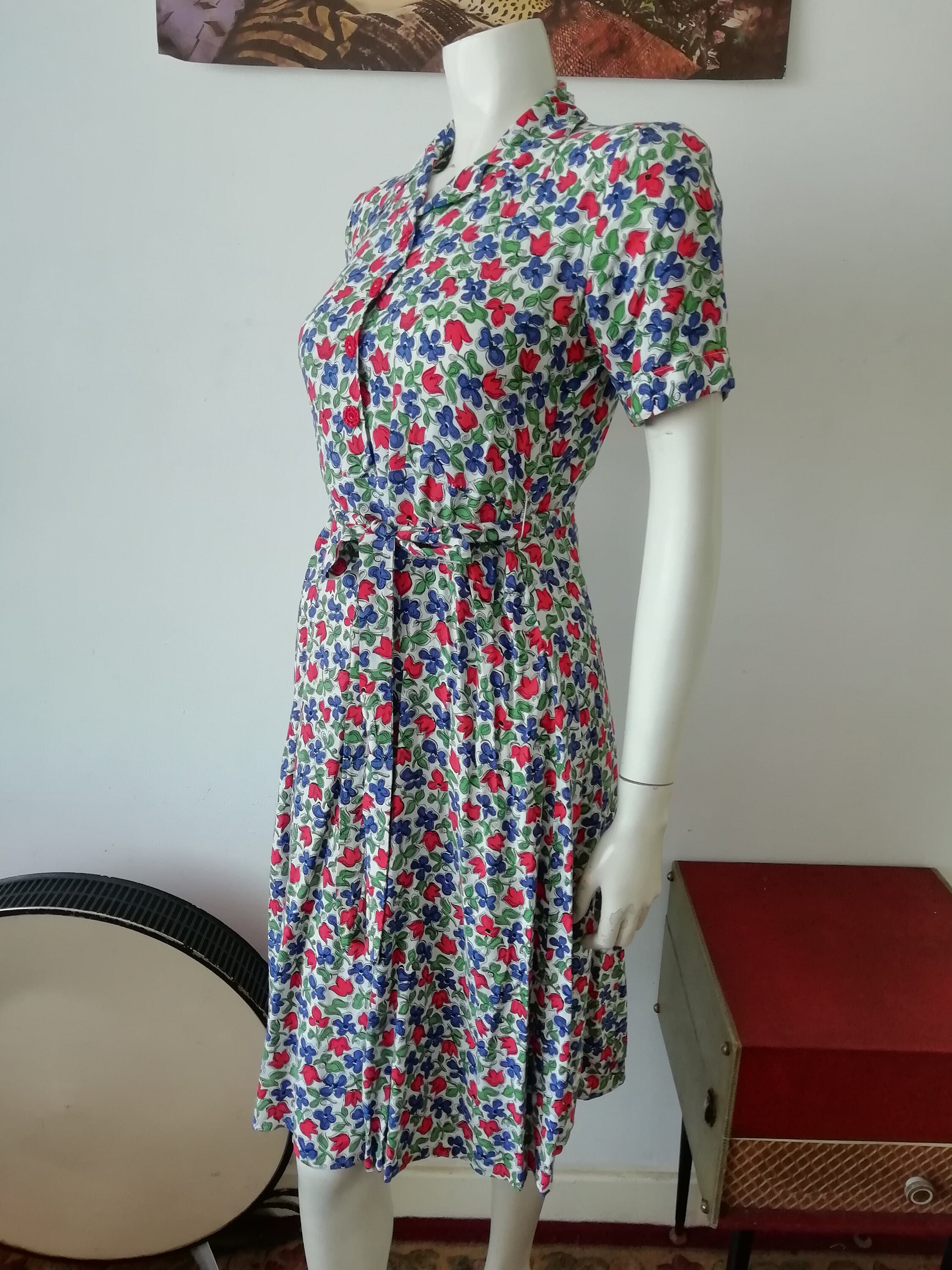 Original 1940's Soft Cotton Tea Dress In Red And Blue Floral Print