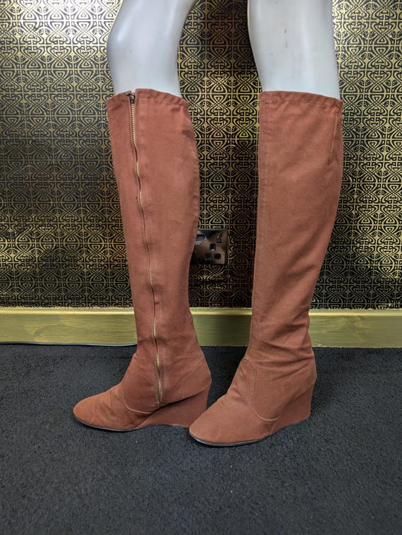 Original 1969 Biba Iconic Rust Brown Canvas Knee Length wedge Heel Boots Size 6  - Good Condition - Only 345 Pounds!