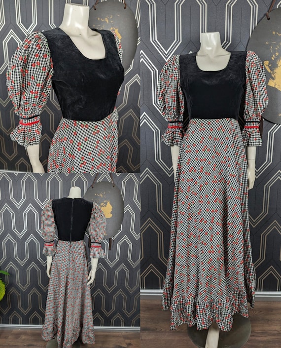 Original 1970's Black Velvet Flocked Floral Print Cottage Core Maxi Dress - Good Condition - Only 65 Pounds!