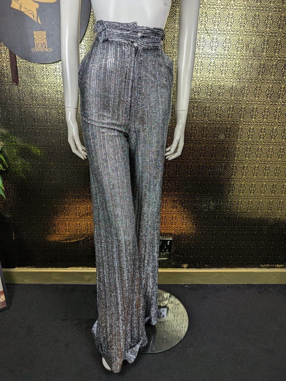 Rare Original 1973 Biba Silver Lurex High Waist Wide Leg Trousers - Good Condition - Only 195 Pounds!
