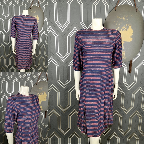 Original Late 1940's Blue, Red & Gold Striped Cotton Dress - Good Condition - Only 55 Pounds!