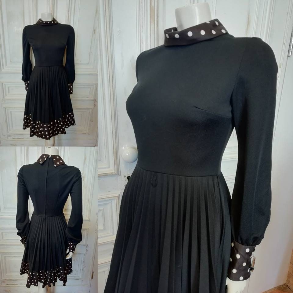 Large 1960s Black and White Polka Dot Dress Set