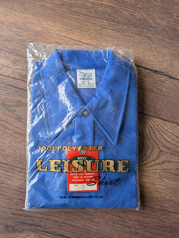 Deadstock 1970's Cuckoo Boys Dark Royal Blue Summer Polyester Waffle Shirts ( Age 8 )