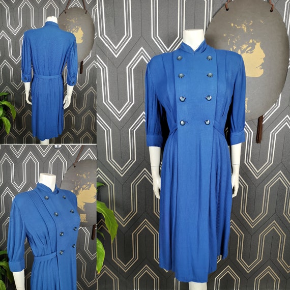 Original Late 1940's Blue Ribbed Stretch Cotton Dress - Good Condition - Only 55 Pounds!