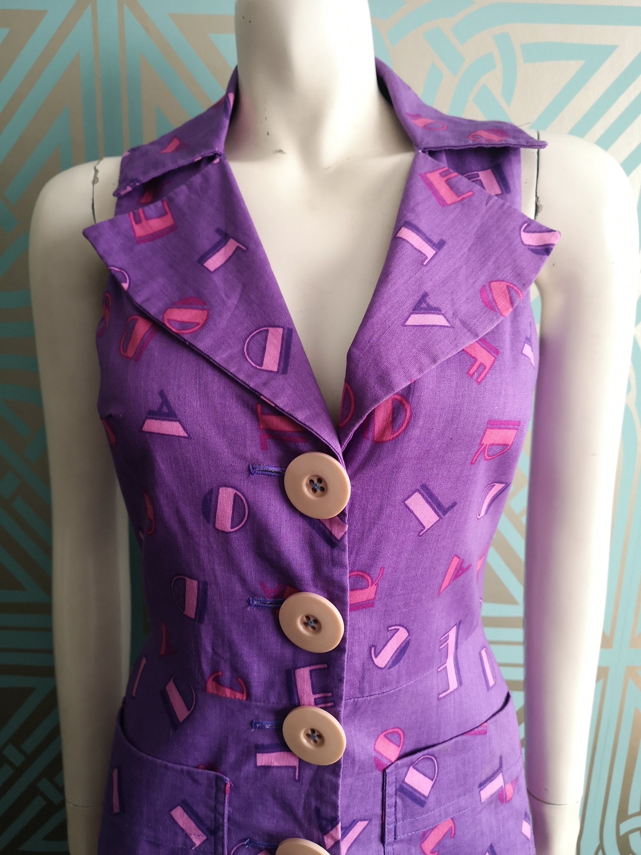 Rare Original 1973 Biba Art Deco Lettering Novelty Print Cotton Dress