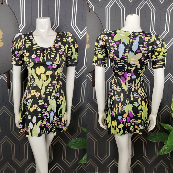 Original 1960's Black Yellow Green Floral Mini Dress Puffed Sleeves - Good Condition - Only 45 Pounds!