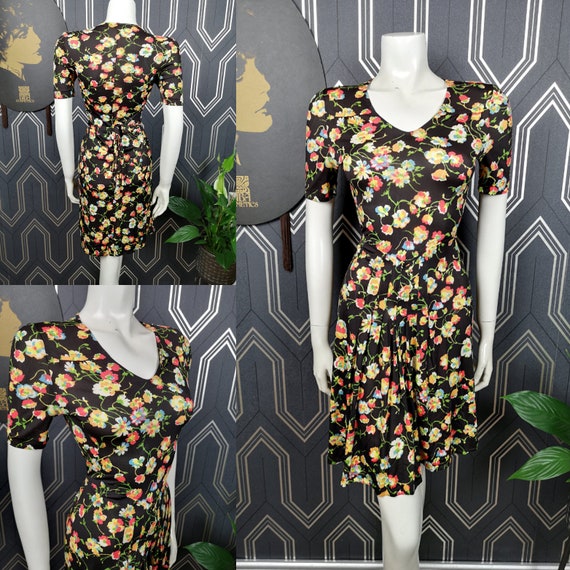 Original 1960's Black Yellow Green Floral Mini Dress - Good Condition - Only 45 Pounds!