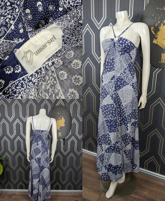 Original 1970's Blue & White Patchwork Print Maxi Dress - Good Condition - Only 45 Pounds!