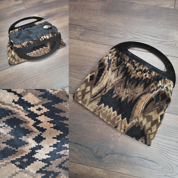 Original 1970's Deco Design Chenille Handbag With Black Lucite Handles Possibly Sold Through Biba - Good Condition - Only 95 Pounds!