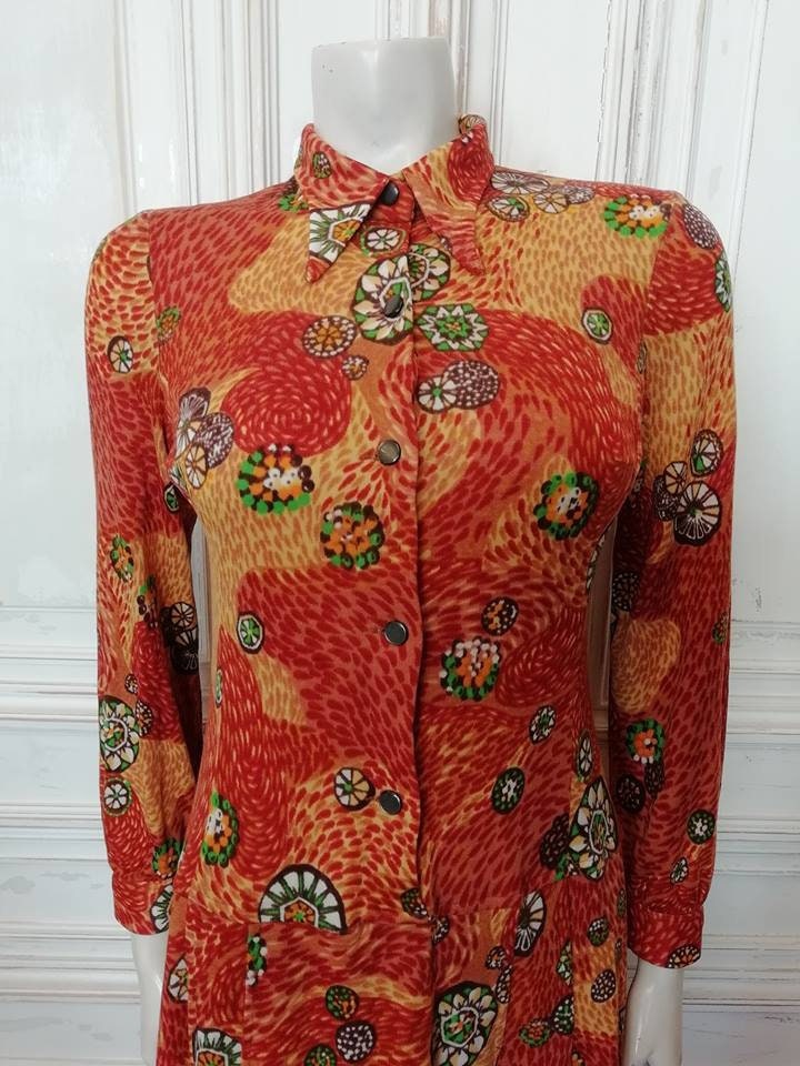 SALE Original 1960's Brown And Mustard Jersey Cotton Spear Point Collar Mini Dress Good