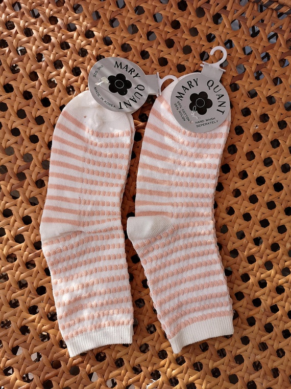 Deadstock Original 1960's Mary Quant Pink White Stripe Ankle Socks Cotton Knit Socks - Good Unused Condition - Only 7 pounds Each!