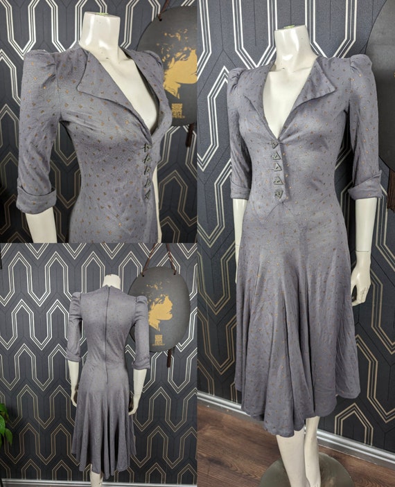 Original 1974 Biba Grey Gold Top Hat Cane Novelty Print Jersey Deco Dress - Good Condition - Only 395 Pounds!