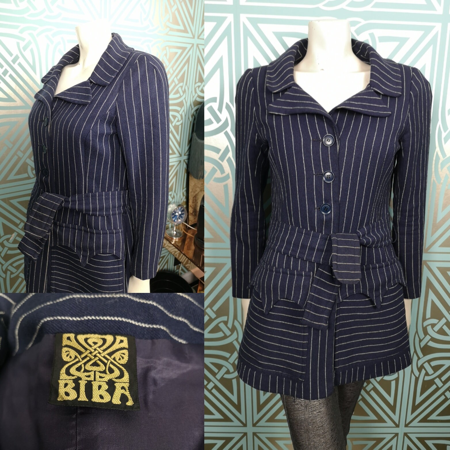 Image of Original  Biba Navy & White Pinstripe Wool Coat/Jacket - Good Condition Only  Pounds