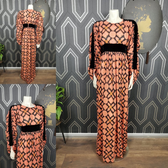 Original 1970's Red & Black Crinkle Rayon Dramatic Sleeve Prairie Maxi Dress - Good Condition - Only 85 Pounds!
